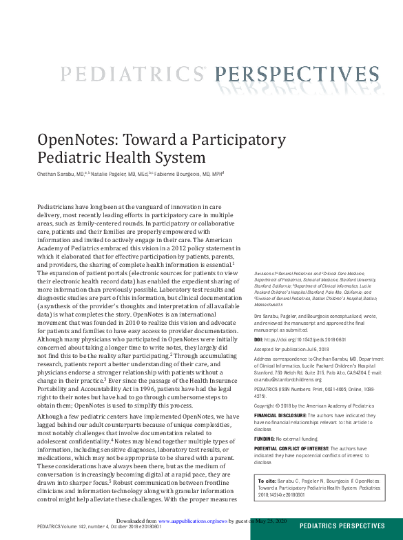 (PDF) OpenNotes: Toward a Participatory Pediatric Health System