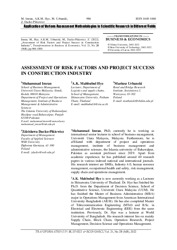 (PDF) ASSESSMENT OF RISK FACTORS AND PROJECT SUCCESS IN CONSTRUCTION ...