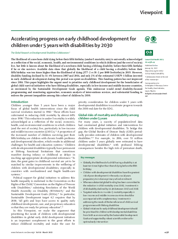 (PDF) Accelerating progress on early childhood development for children ...