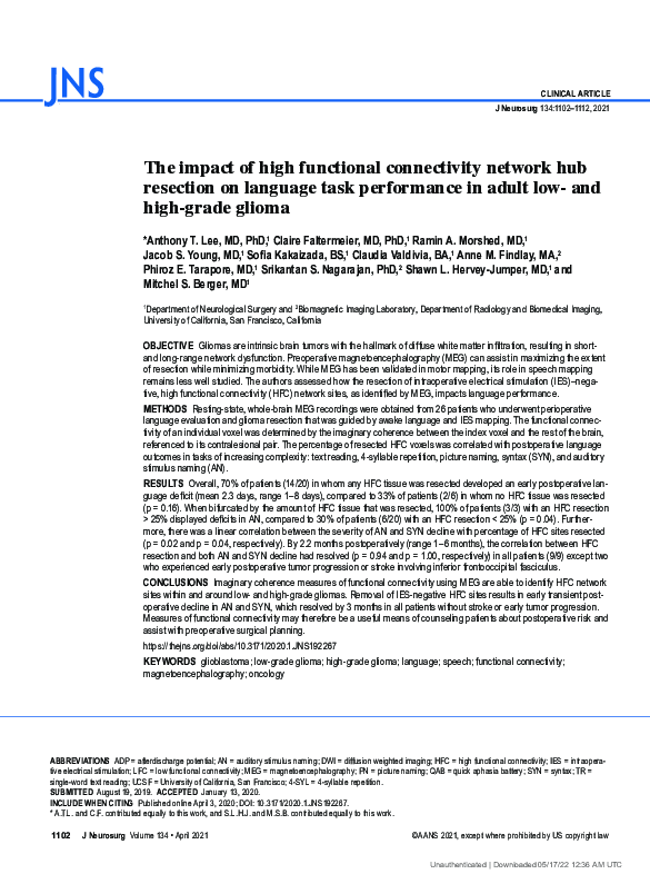(PDF) The impact of high functional connectivity network hub resection ...