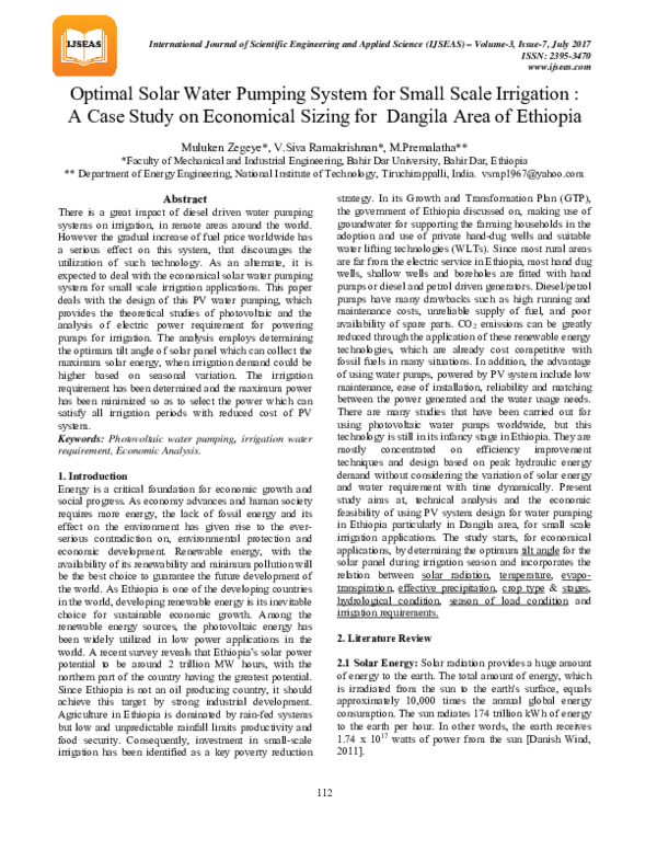 (PDF) Optimal Solar Water Pumping System for Small Scale Irrigation : A ...