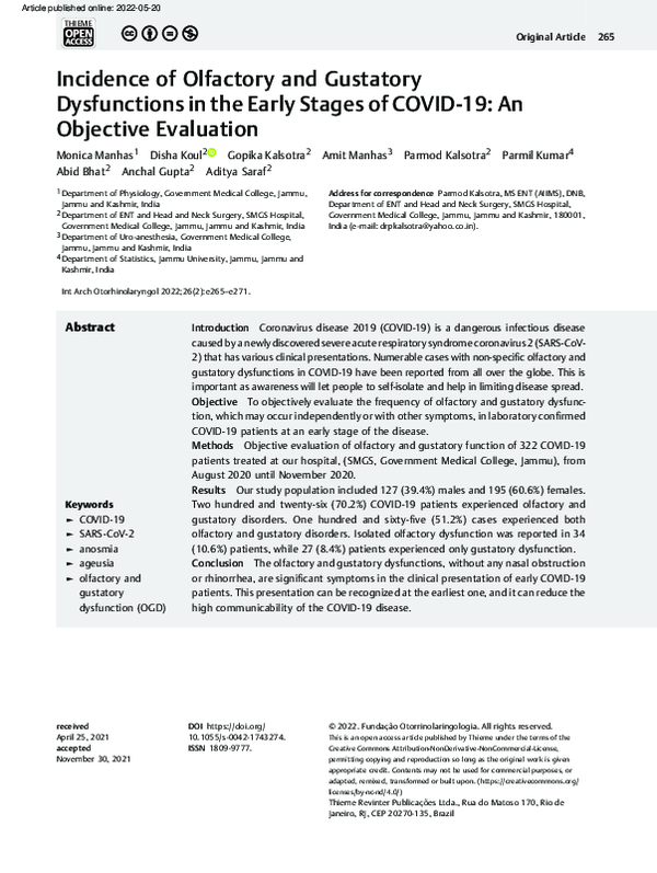 (PDF) Incidence of Olfactory and Gustatory Dysfunctions in the Early ...