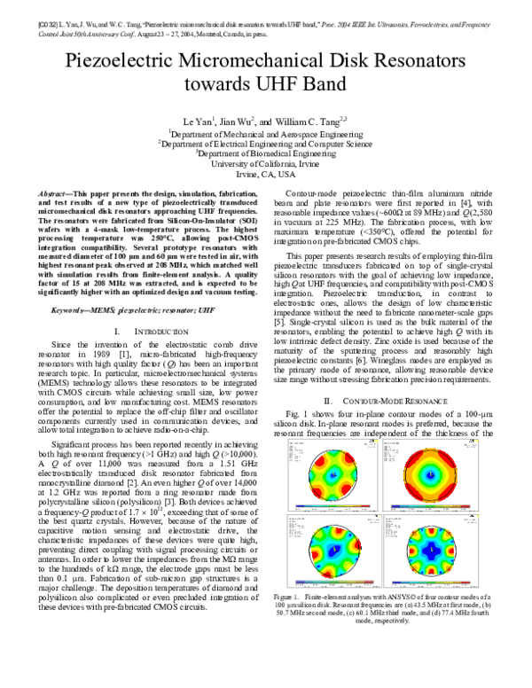 (PDF) Piezoelectric micromechanical disk resonators towards UHF band