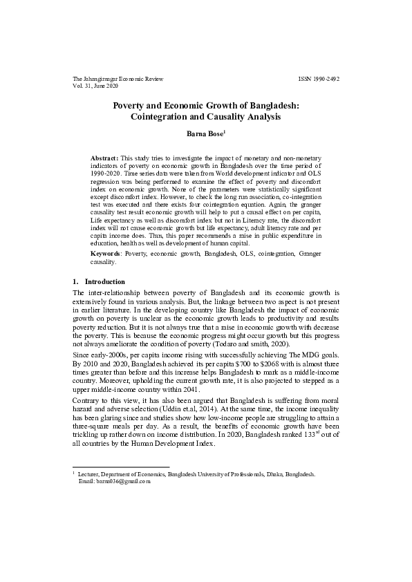 (PDF) Poverty and Economic Growth of Bangladesh: Cointegration and ...