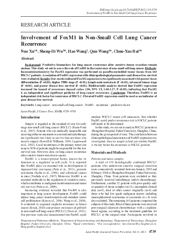 (PDF) Involvement of FoxM1 in Non-Small Cell Lung Cancer Recurrence