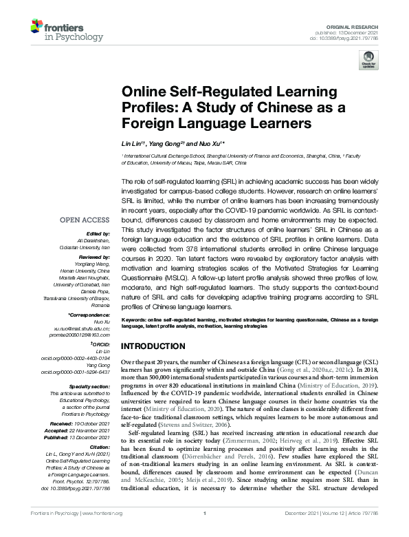 (PDF) Online Self-Regulated Learning Profiles: A Study of Chinese as a ...