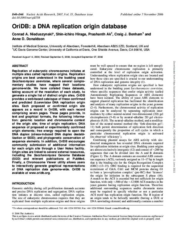 (PDF) OriDB: a DNA replication origin database | Craig Benham ...
