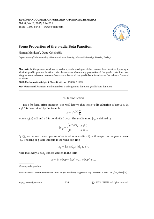 (PDF) Some Properties of the p-adic Beta Function