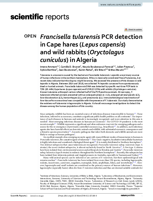 (PDF) Francisella tularensis PCR detection in Cape hares (Lepus ...