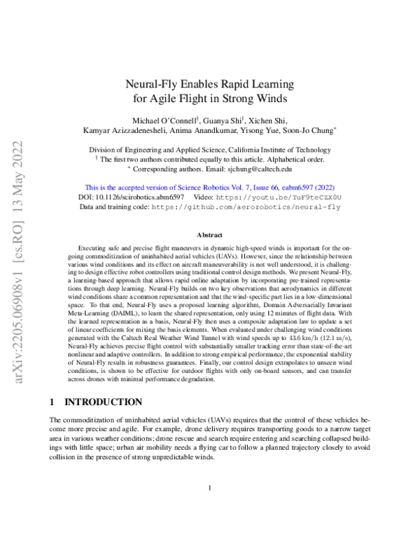 (PDF) Neural-Fly enables rapid learning for agile flight in strong winds