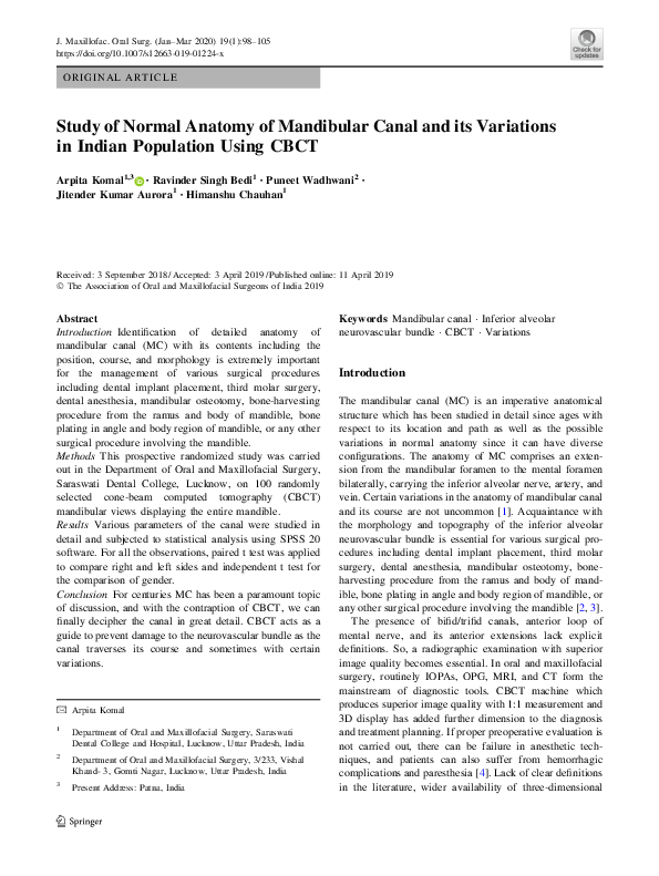 (PDF) Study of Normal Anatomy of Mandibular Canal and its Variations in ...