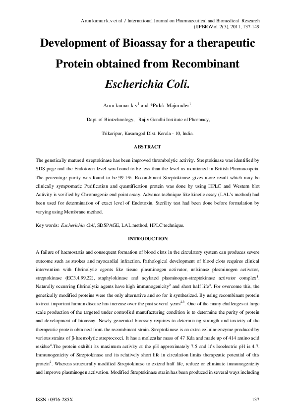 (PDF) Development of Bioassay for a therapeutic Protein obtained from ...