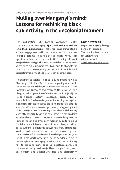 (PDF) Mulling over Manganyi's mind: Lessons for rethinking black ...