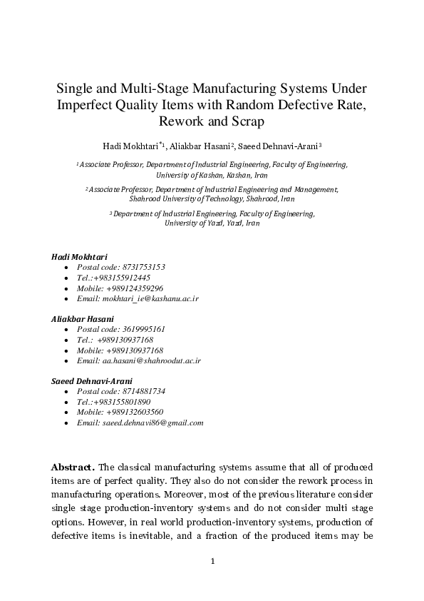 (PDF) Single and Multi-Stage Manufacturing Systems Under Imperfect ...