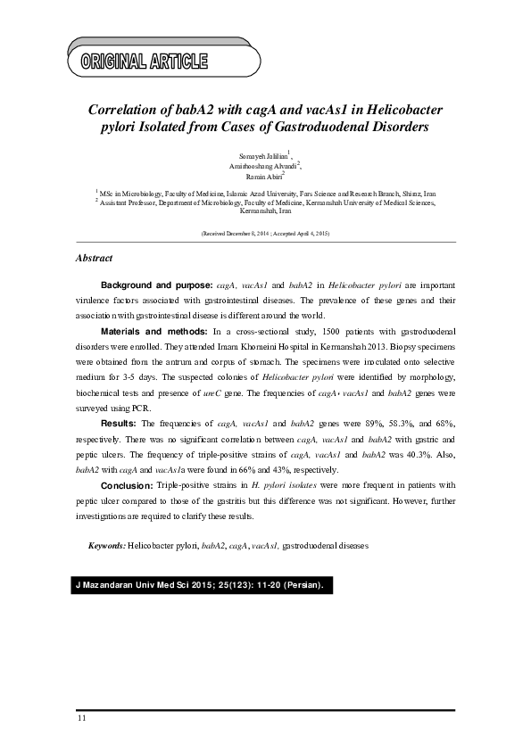 (PDF) Correlation of babA2 with cagA and vacAs1 in Helicobacter pylori ...