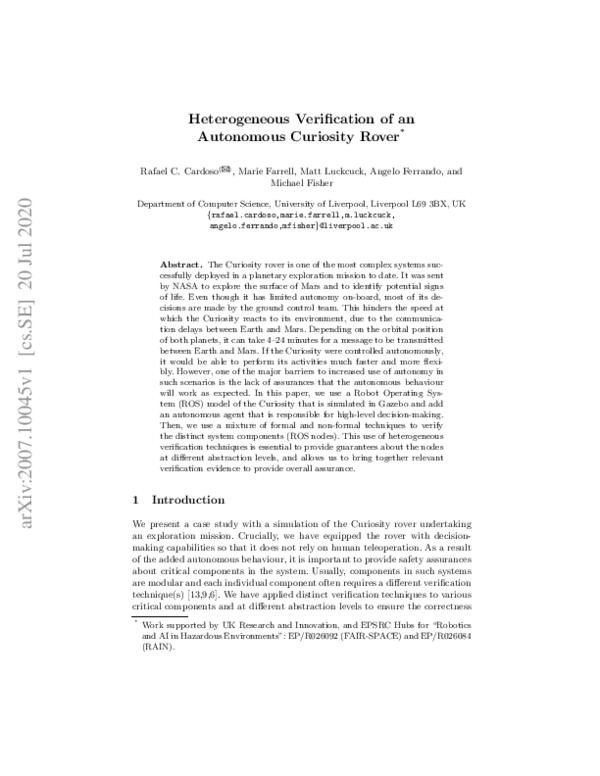 (PDF) Heterogeneous Verification of an Autonomous Curiosity Rover