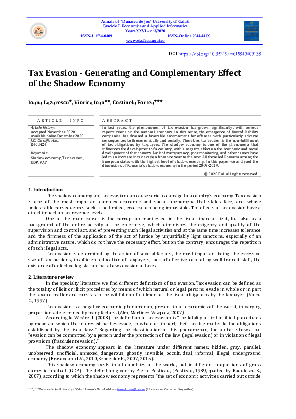 (PDF) Tax Evasion - Generating and Complementary Effect of the Shadow ...