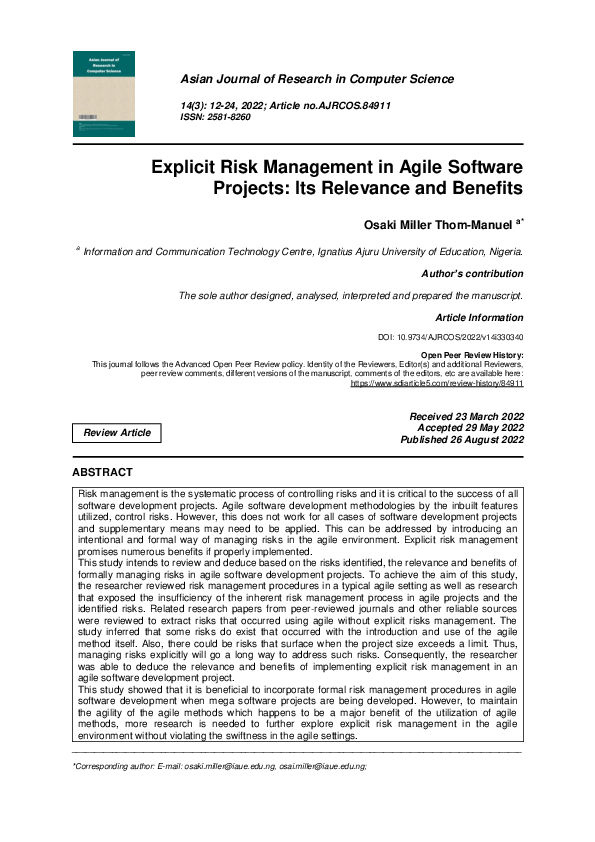 (PDF) Explicit Risk Management in Agile Software Projects: Its ...