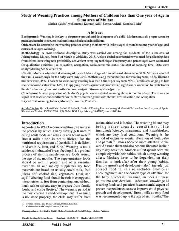 (PDF) Study of Weaning Practices among Mothers of Children less than ...