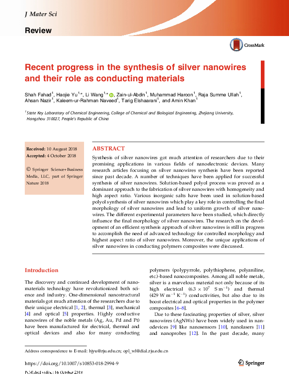 (PDF) Recent progress in the synthesis of silver nanowires and their ...