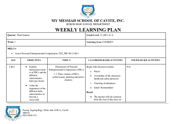 (DOC) WEEKLY LEARNING PLAN
