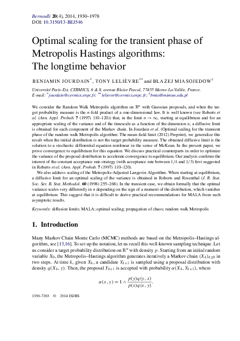 (PDF) Optimal scaling for the transient phase of Metropolis Hastings ...