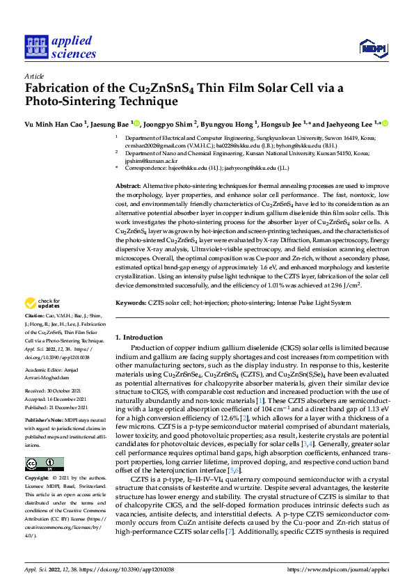 (PDF) Fabrication of the Cu2ZnSnS4 Thin Film Solar Cell via a Photo ...