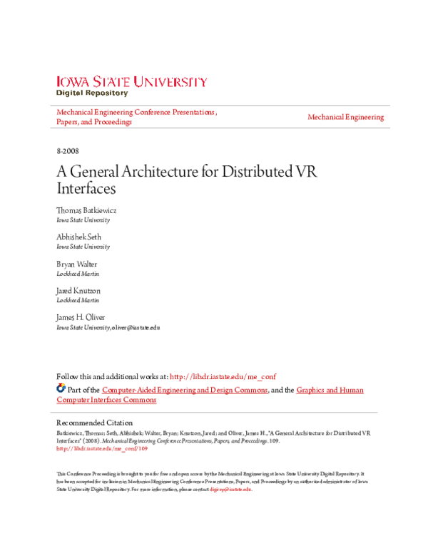 (PDF) A General Architecture for Distributed VR Interfaces