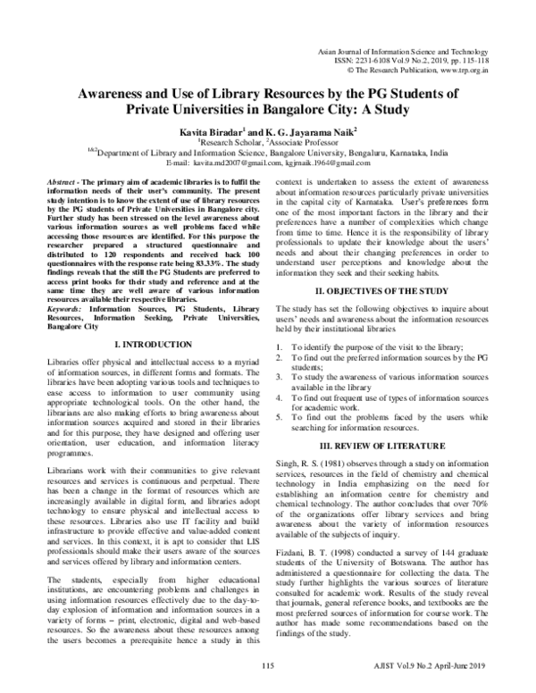 (PDF) Awareness and Use of Library Resources by the PG Students of ...