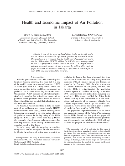 (PDF) Health and Economic Impact of Air Pollution in Jakarta