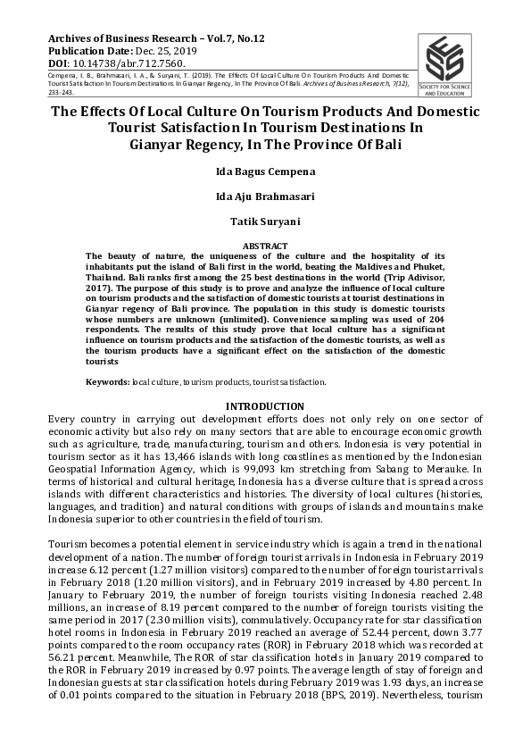 (PDF) The THE EFFECTS OF LOCAL CULTURE ON TOURISM PRODUCTS AND DOMESTIC ...