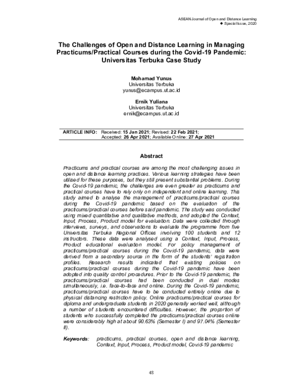 (PDF) The Challenges of Open and Distance Learning in Managing ...