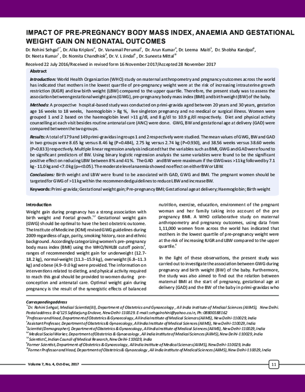 (PDF) Impact Of Pre-Pregnancy Body Mass Index, Anaemia And Gestational ...