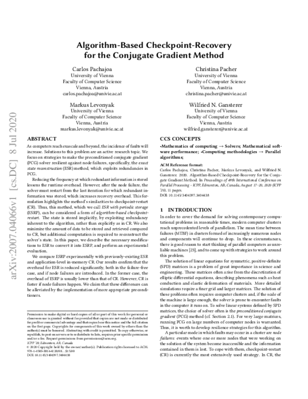 (PDF) Algorithm-Based Checkpoint-Recovery for the Conjugate Gradient Method