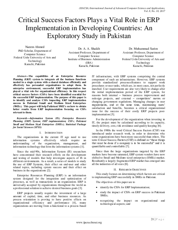 (PDF) Critical Success Factors Plays a Vital Role in ERP Implementation ...