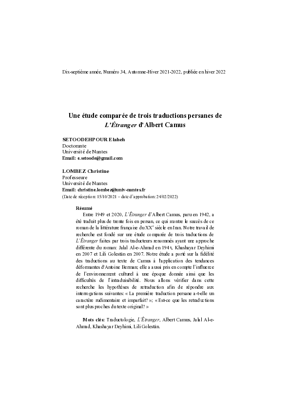 (PDF) Une étude comparée de trois traductions persanes de L'Étranger d ...
