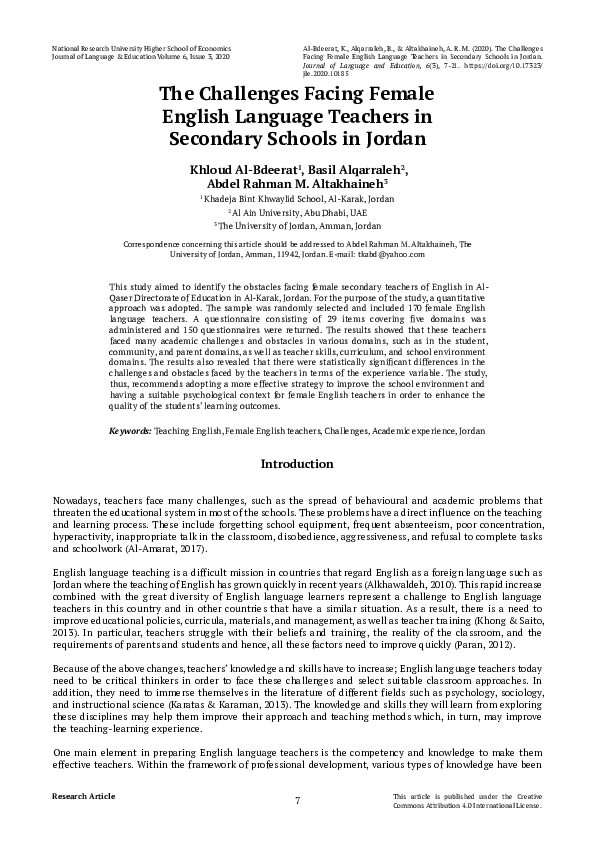 (PDF) The Challenges Facing Female English Language Teachers in ...
