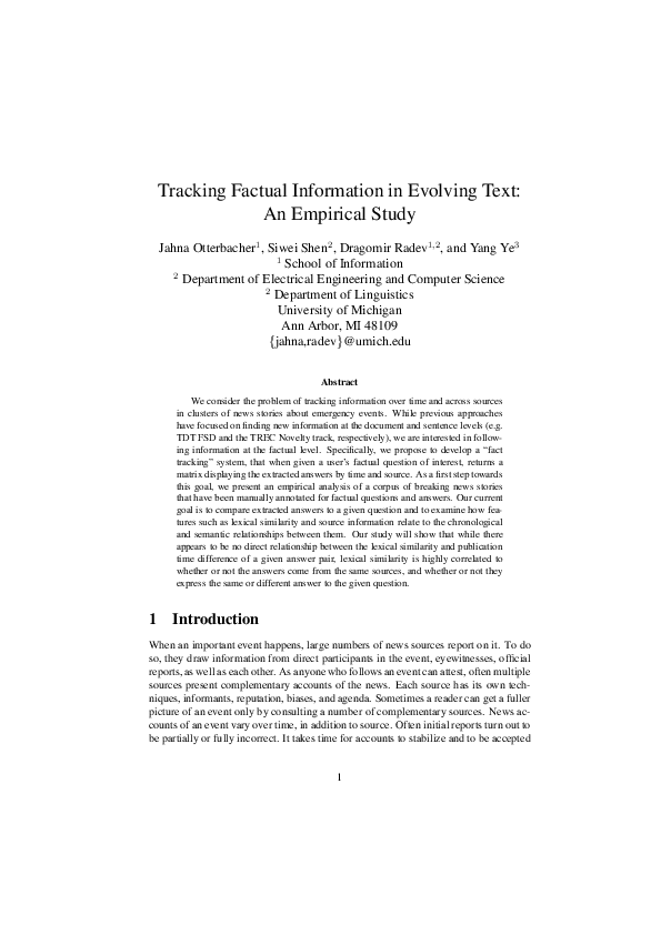 (PDF) Tracking Factual Information in Evolving Text: An Empirical Study