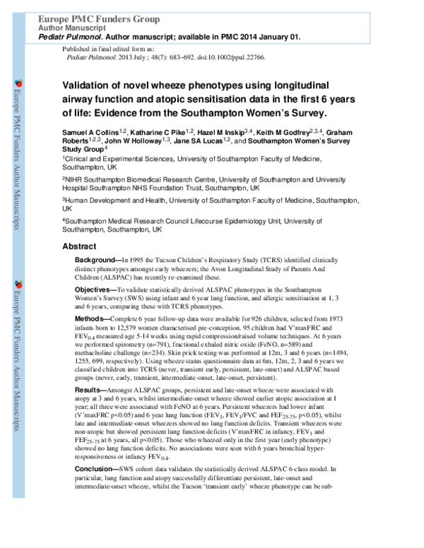 (PDF) Validation of novel wheeze phenotypes using longitudinal airway ...