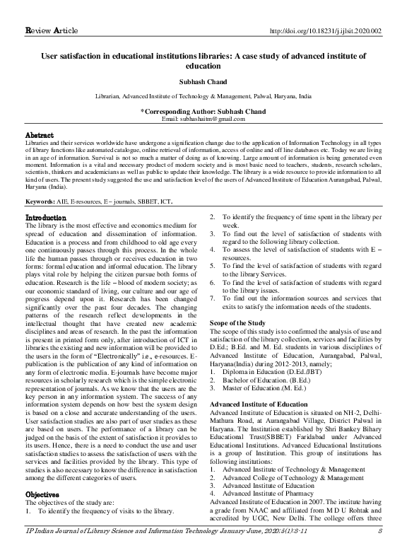(PDF) User satisfaction in educational institutions libraries: A case ...