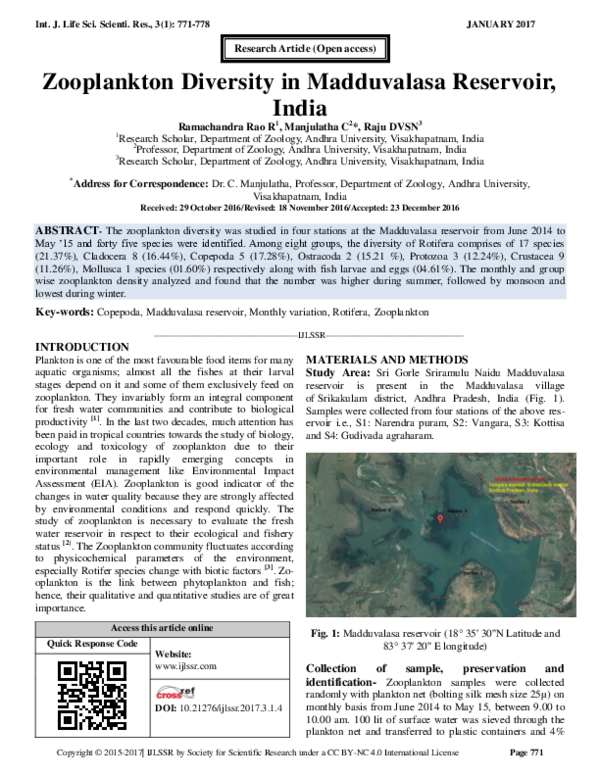 (PDF) Zooplankton Diversity in Madduvalasa Reservoir, India