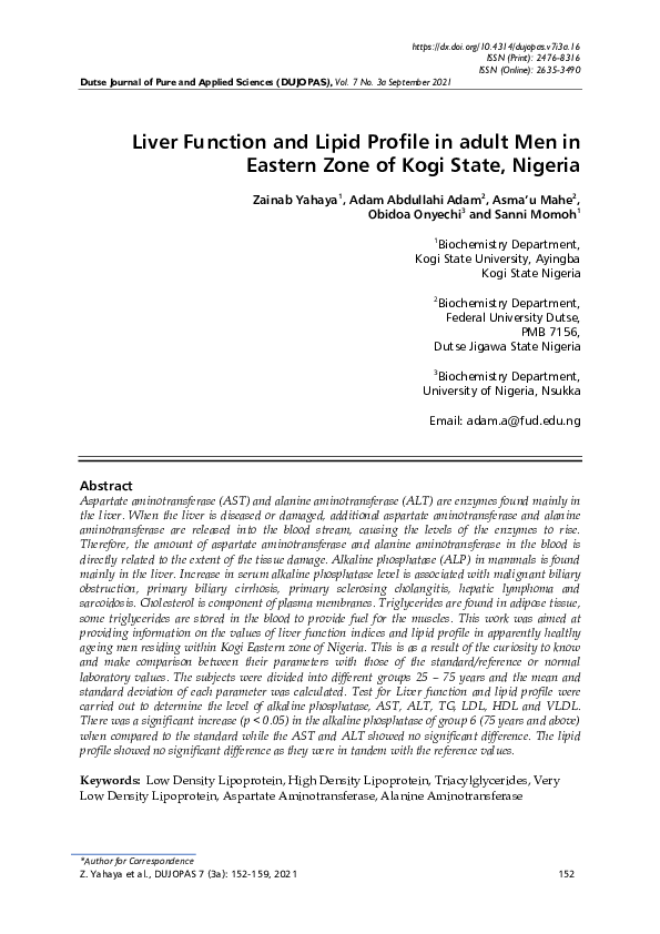 (PDF) Liver Function and Lipid Profile in adult Men in Eastern Zone of ...