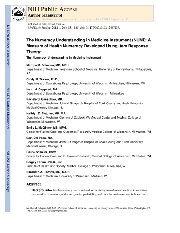 (PDF) The Numeracy Understanding in Medicine Instrument Cindy M