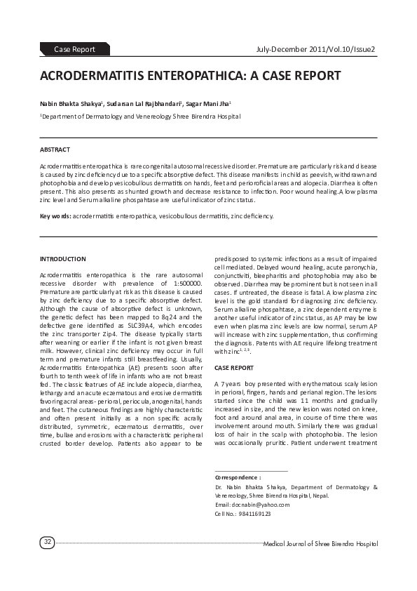(PDF) Acrodermatitis enteropathica: a case report | SAGAR RAMAN JHA ...
