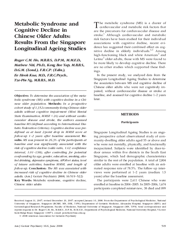 (PDF) Metabolic syndrome and cognitive decline in chinese older adults ...