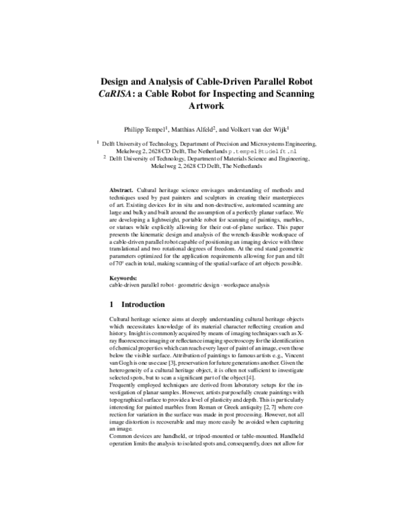 (PDF) Design and Analysis of Cable-Driven Parallel Robot CaRISA: A ...