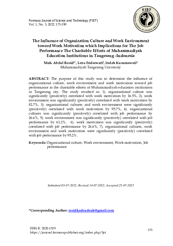 (PDF) The Influence of Organization Culture and Work Environment toward ...