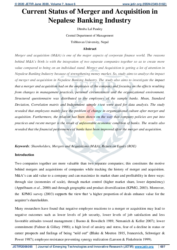 (PDF) Current Status of Merger and Acquisition in Nepalese Banking Industry