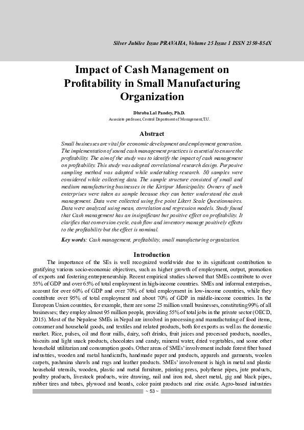 (PDF) Impact of Cash Management on Profitability in Small Manufacturing