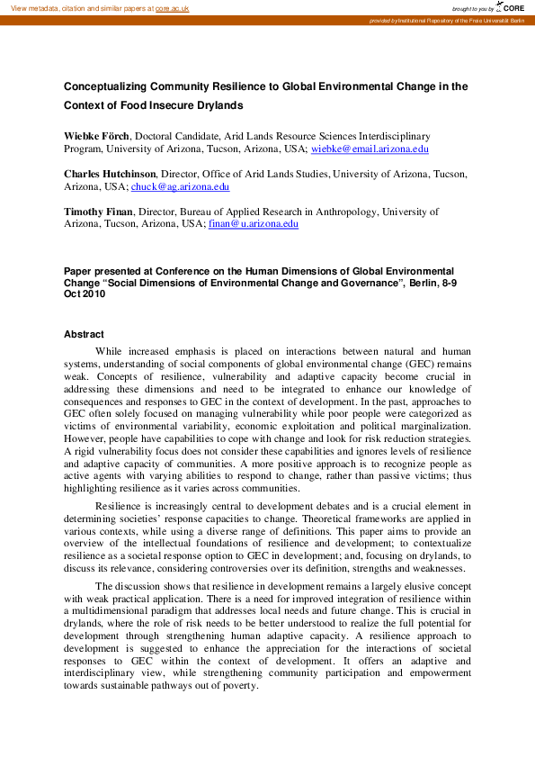 Pdf Conceptualizing Community Resilience To Global Environmental